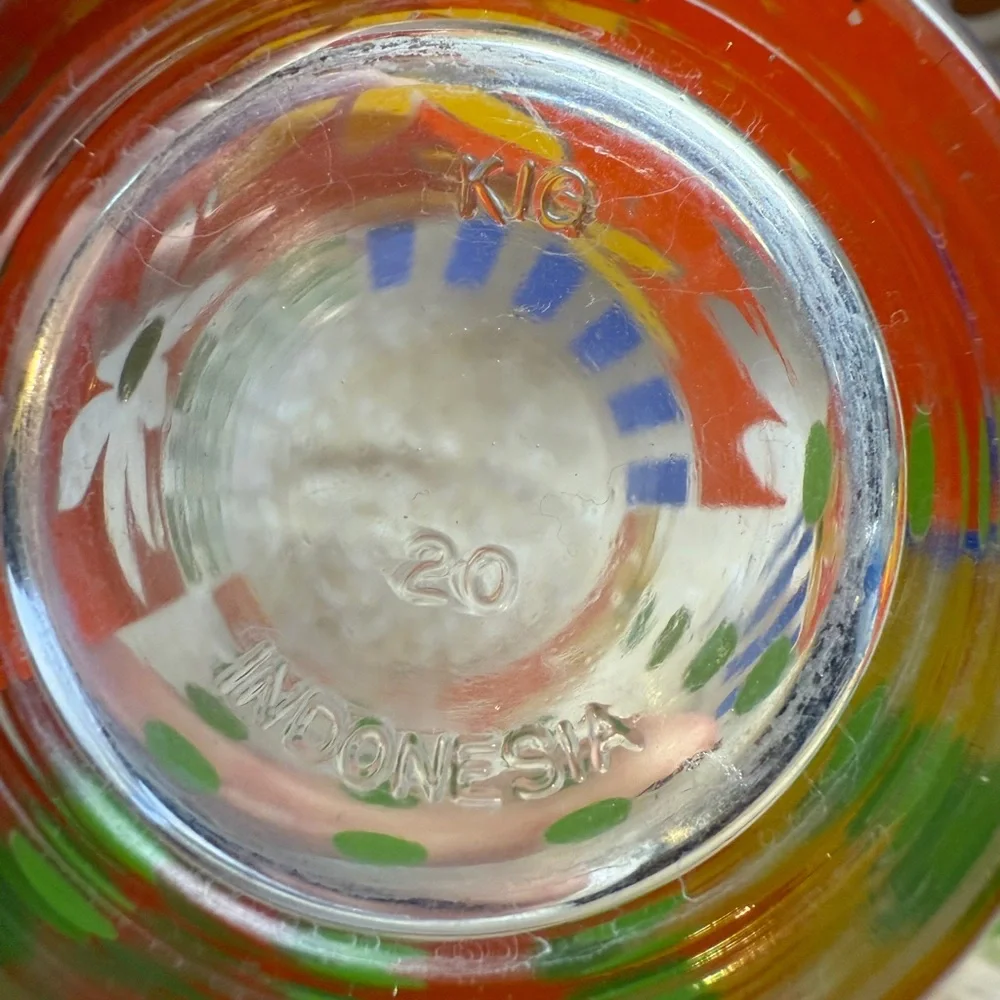 2 Vintage KIG  Multi Color 6” Glasses Tumblers Orange Blue Green Yellow Flower